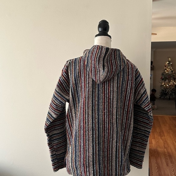 Earth Ragz Vintage 90s Mexican Blanket Baja Joe Red Black Blue Hoodie Mens S - Picture 2 of 8